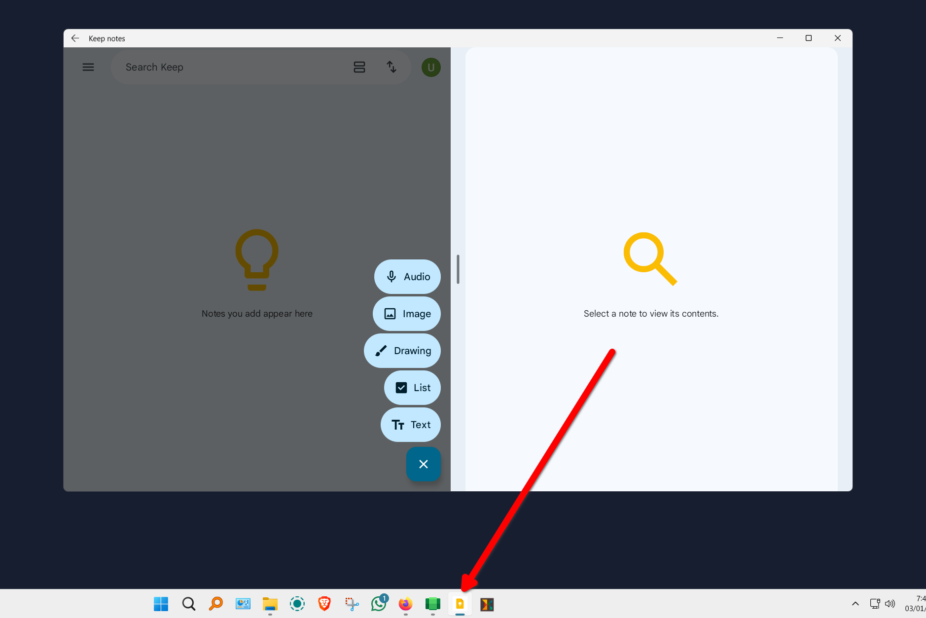 The Android version of Google Keep running on Windows.