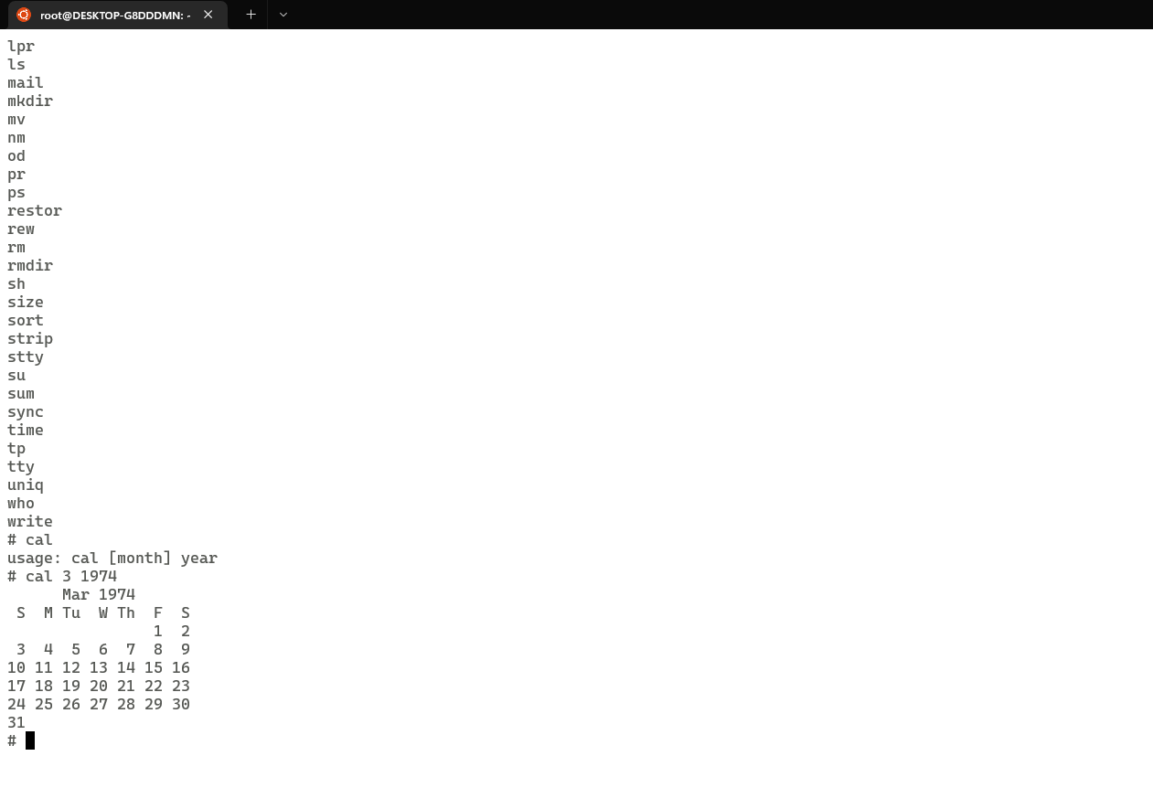 Loading the Unix calendar for 1974.