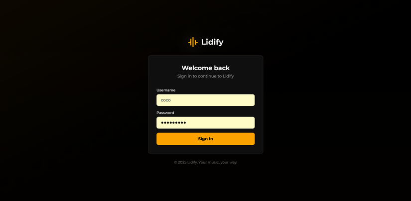 Signing into a Lidify profile.