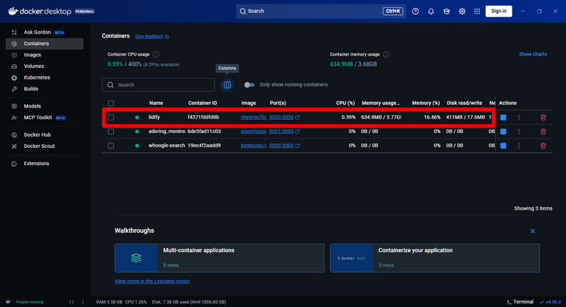 Docker Desktop running the Lidify container.