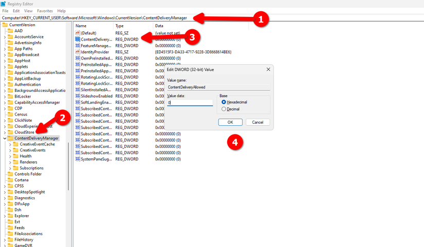 Modificando o valor da chave do Content Delivery Manager no Editor do Registro.