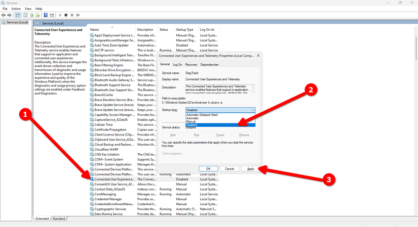 Using the Windows Services panel to disable telemetry and tracking.