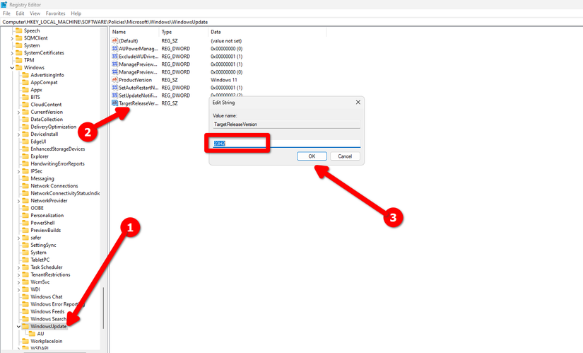 Usando o Editor do Registro para desabilitar atualizações de recursos do Windows.