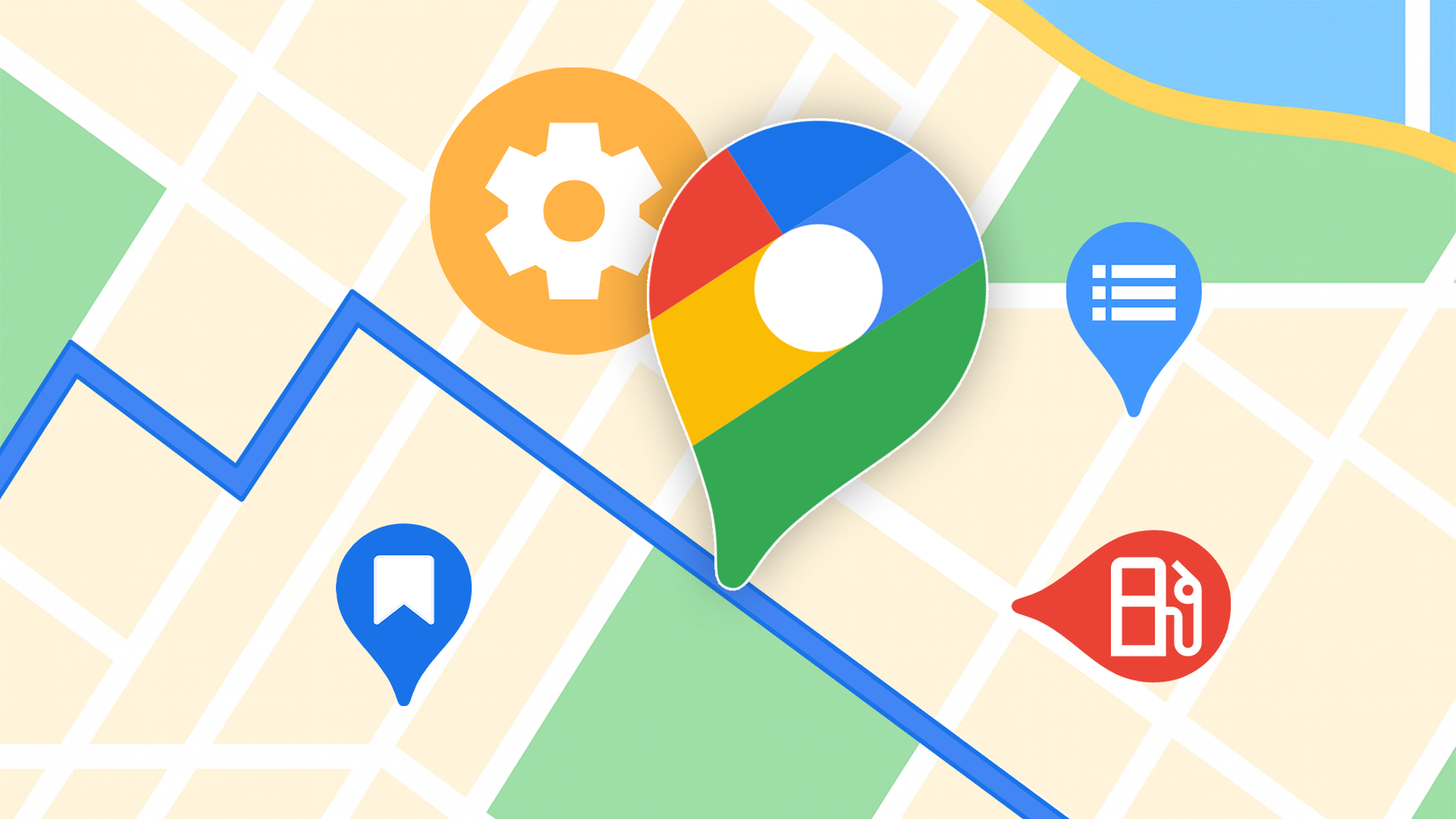 Large Google Maps pin with a settings gear icon, surrounded by markers for lists, bookmarks, and fuel stations on a stylized map background.