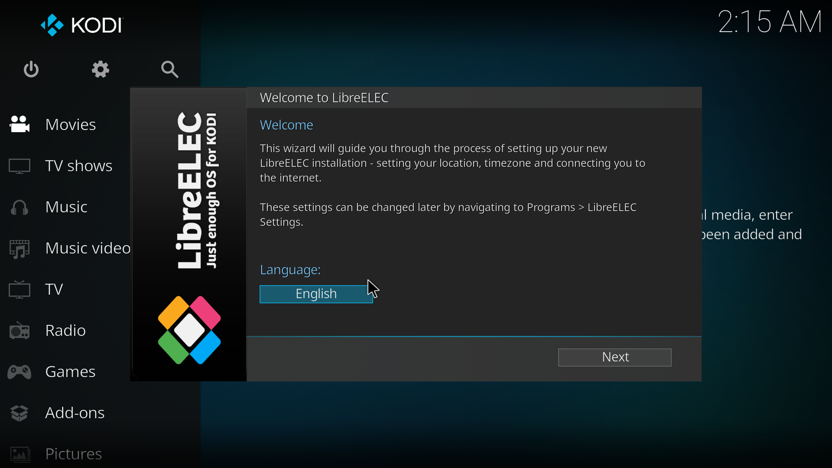 LibreELEC welcome screen.