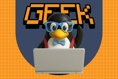 Linux mascot wearing glasses and suspenders, using a laptop beneath pixelated 'GEEK' text.
