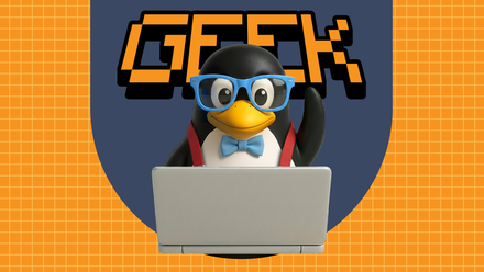 Linux mascot wearing glasses and suspenders, using a laptop beneath pixelated 'GEEK' text.