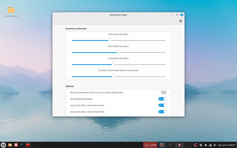 Linux Mint Cinnamon applet Pomodoro Timer settings overview.