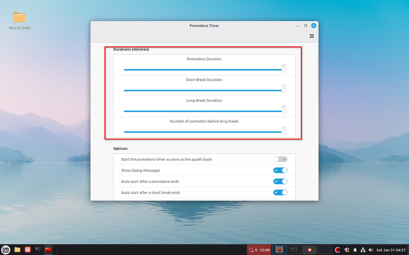 Настройки максимальной продолжительности таймера Pomodoro в Linux Mint.