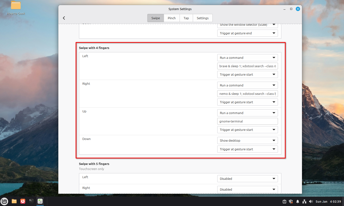 Linux Mint Cinnamon four-finger custom gestures with terminal commands.