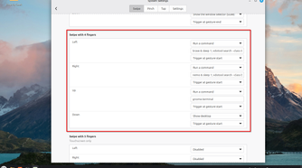 Linux Mint Cinnamon four-finger custom gestures with terminal commands.