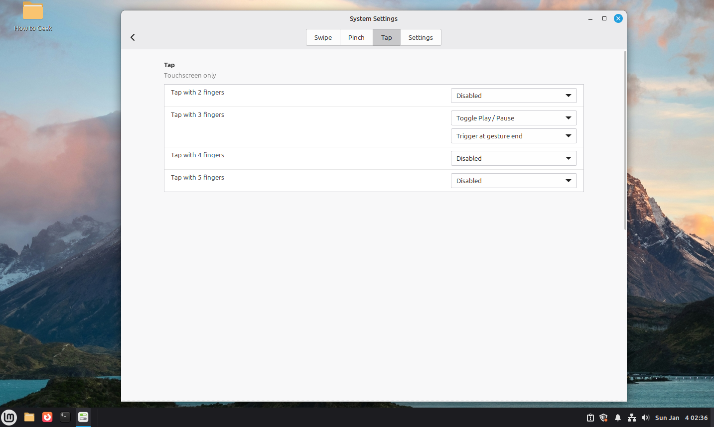 Linux Mint Cinnamon Gesture settings Tap options.
