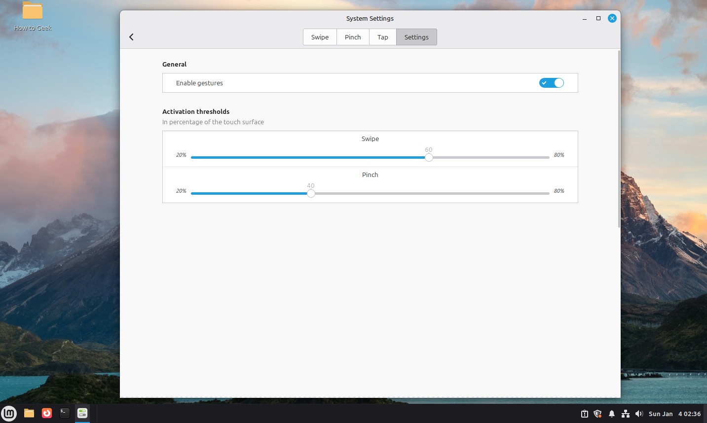 Linux Mint Cinnamon Gesture settings.