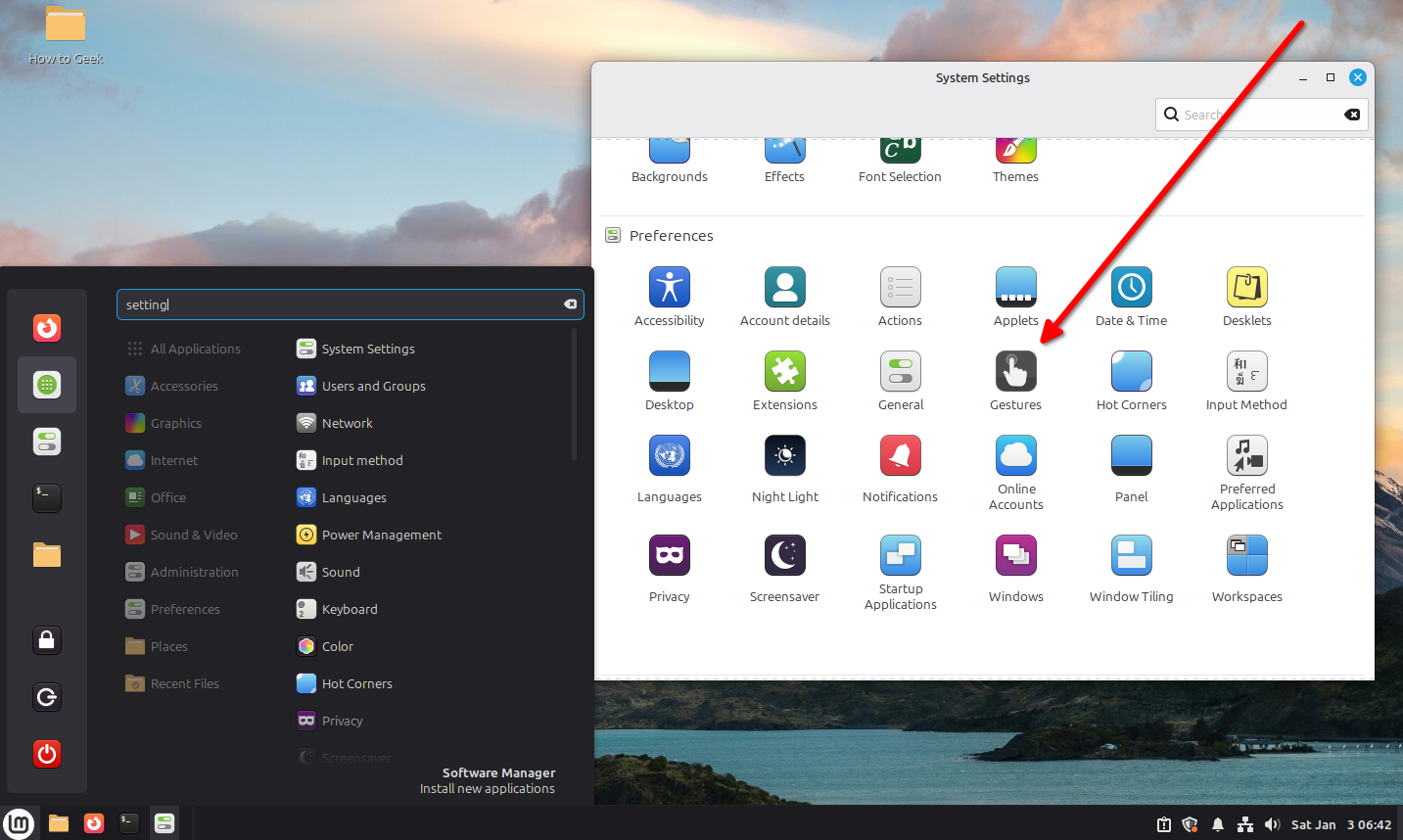 Linux Mint Cinnamon's Gesture settings.