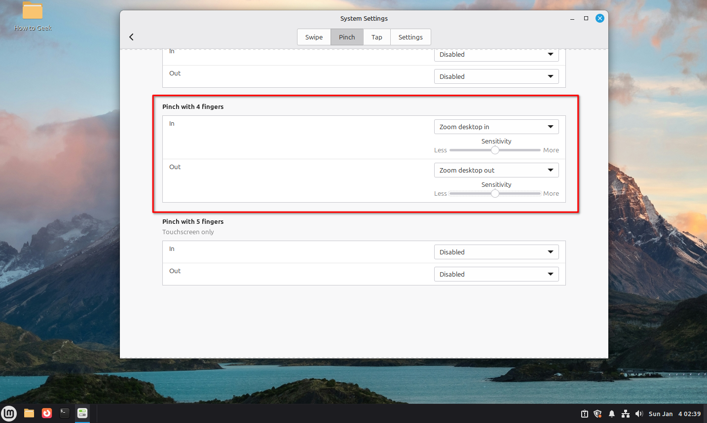 Linux Mint Cinnamon three finger pinching gesture configuration.
