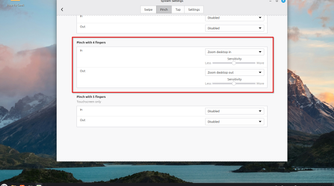 Linux Mint Cinnamon three finger pinching gesture configuration.