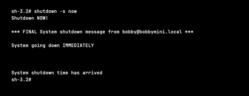 A command line displaying the shutdown program with a message stating "System down IMMEDIATELY."