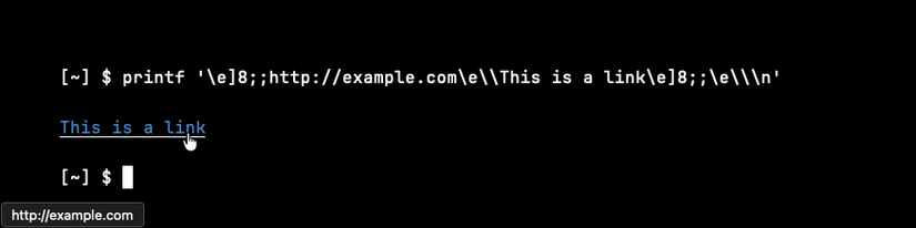 Text in a Linux terminal with an underline and a mouse pointer, and a tooltip displaying a URL.