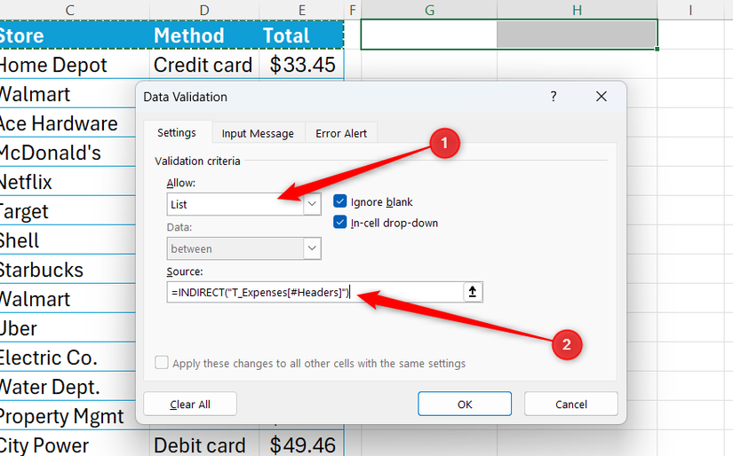 Image 30: List được chọn trong hộp thoại Data Validation của Excel, và một công thức INDIRECT được nhập vào trường Source.