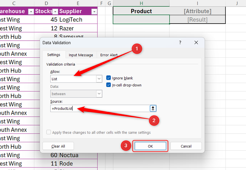 La liste est sélectionnée dans le champ Autoriser de la boîte de dialogue Validation des données d'Excel et =ProductList est saisi comme source.