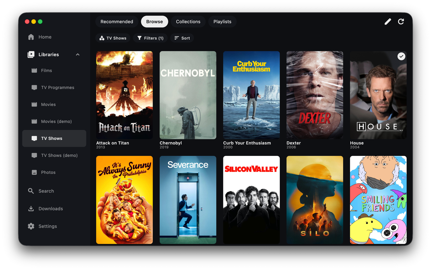 Library browse page in Plezy app