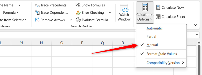 Manual is selected in the Calculation Options drop-down menu in Microsoft Excel.