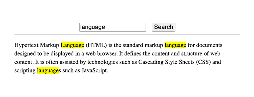 Текст HTML, где несколько слов language заключены в тег mark и подсвечены жёлтым фоном.