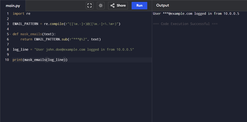 Mascarando endereços de e-mail de um arquivo de log usando o módulo re do Python.