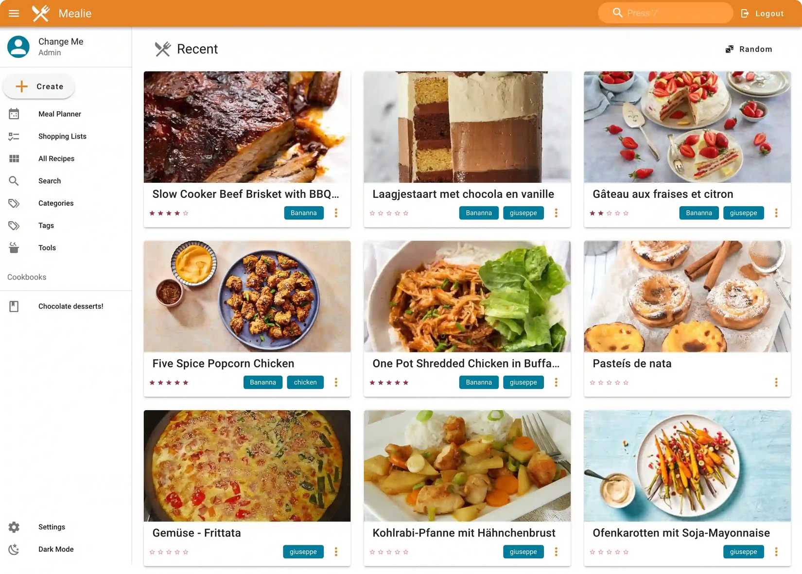 Interface da web do planejador de refeições Mealie mostrando receitas salvas.