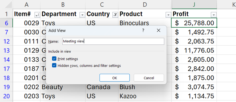 Meeting view is typed into the Name field of the Add View dialog box in Excel.