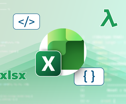 Microsoft Excel logo surrounded by floating programming symbols