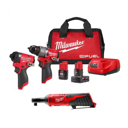 Kit de herramientas Milwaukee M12 FUEL de 3 piezas.