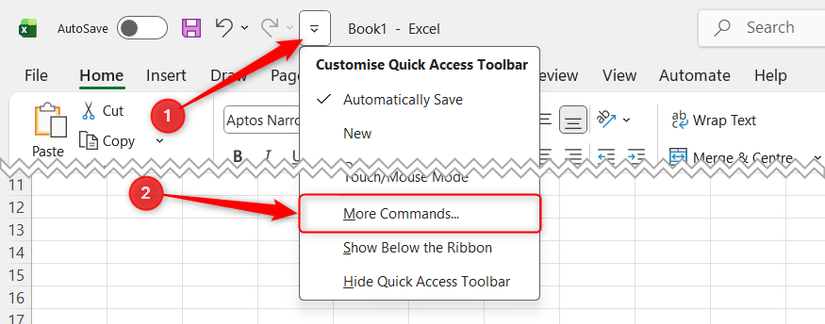 More Commands is selected in Excel's QAT drop-down menu.