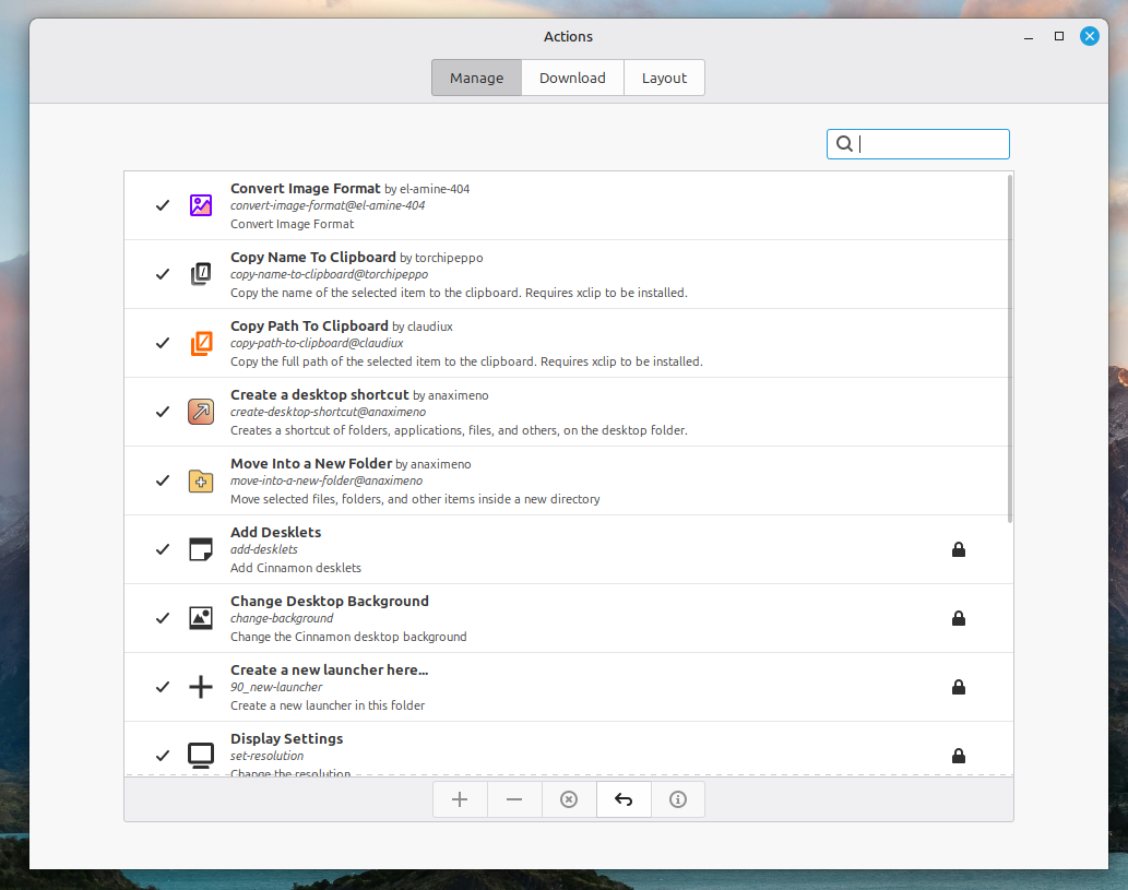 Nemo Actions in Cinnamon Control Center.