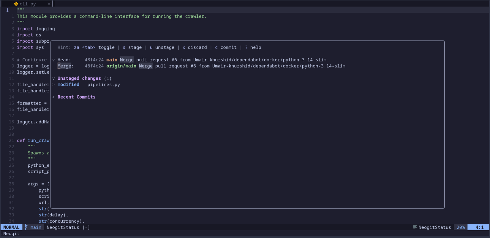 captura de tela do plugin neogit no Neovim