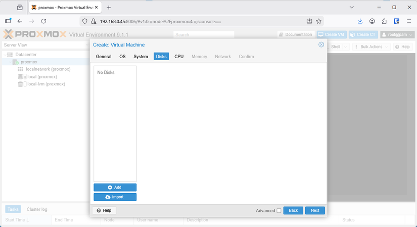 No disks on the disks tab.