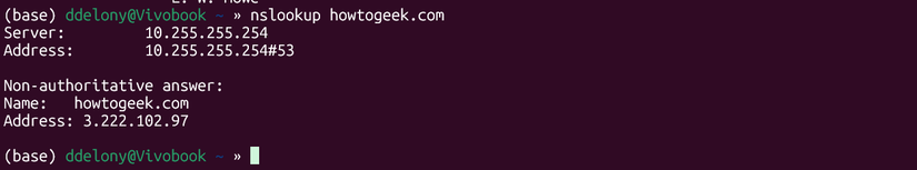 Windows Networking Commands in Linux: Essential Equivalents and WSL Integration 10 nslookup output of howtogeek.com in the WSL terminal.