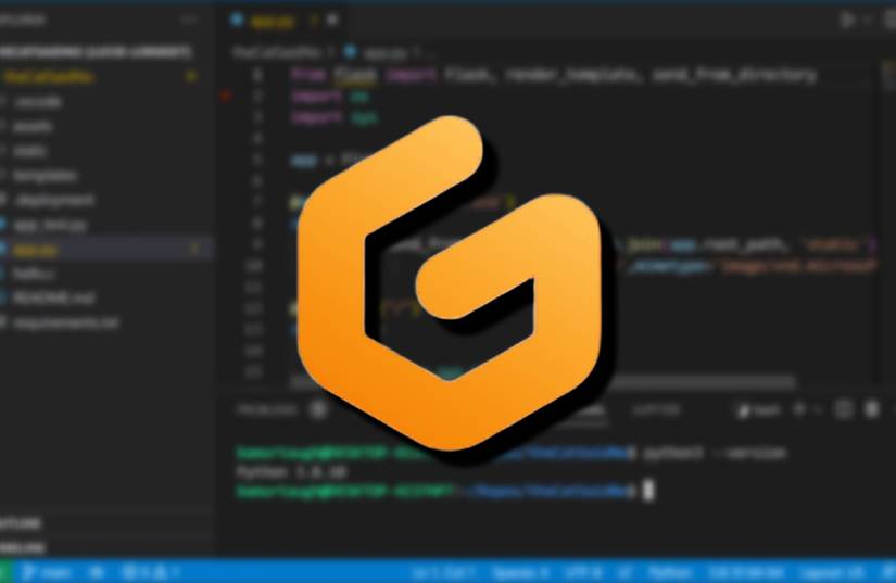 Logotipo do Gitpod sobre um programa VS Code.