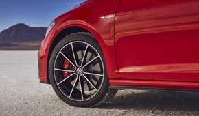 Close up of the front wheel of a 2021 Volkswagen Golf GTI