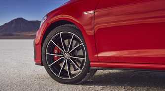 Close up of the front wheel of a 2021 Volkswagen Golf GTI