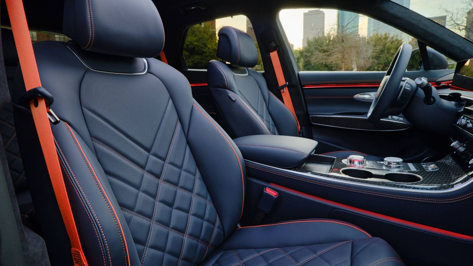 Shot of the black leather interior inside the cabin of a 2026 Genesis GV70.