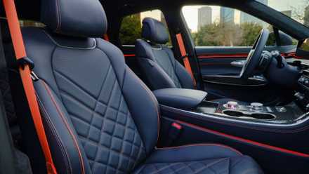 Shot of the black leather interior inside the cabin of a 2026 Genesis GV70.