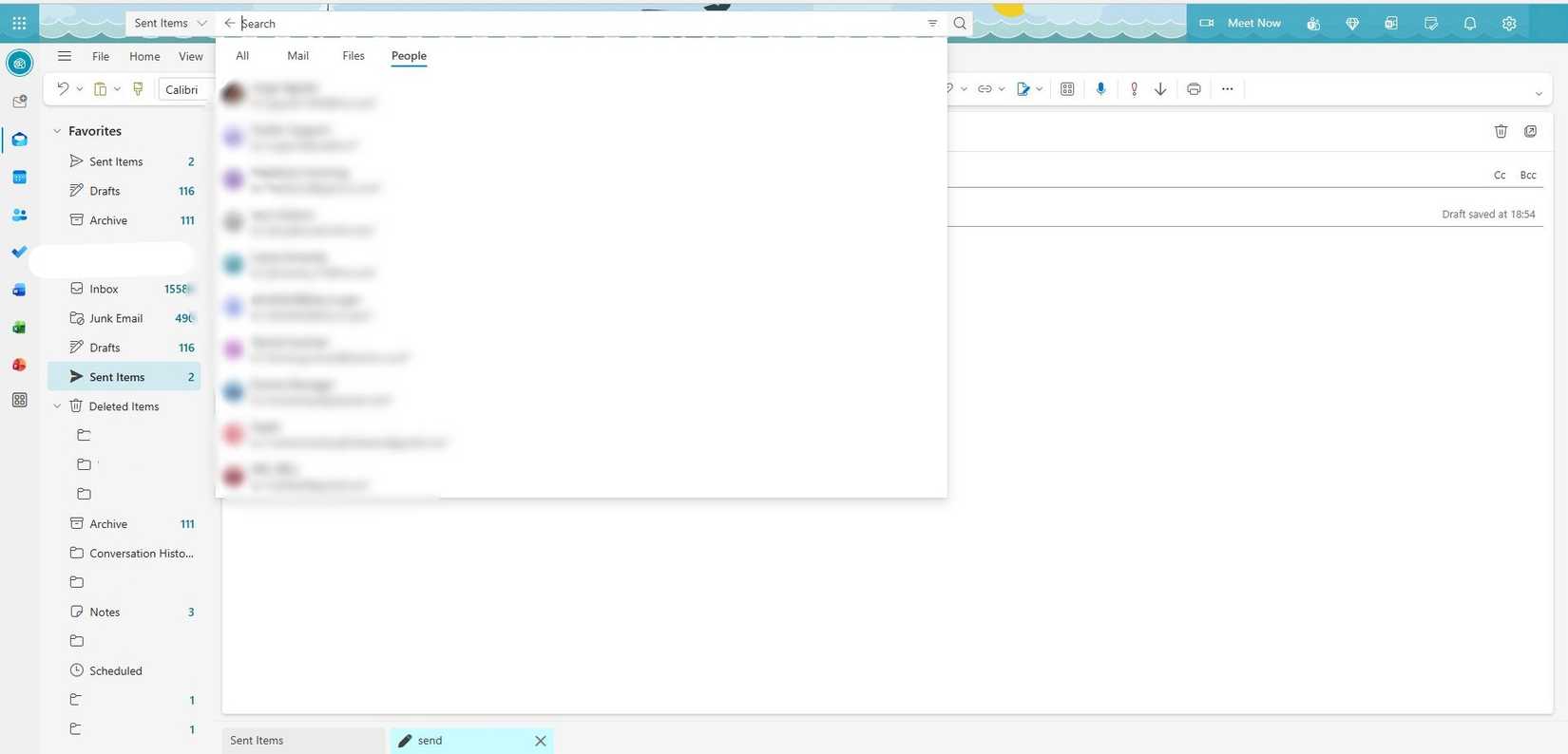 Outlooks advanced search with recent people.