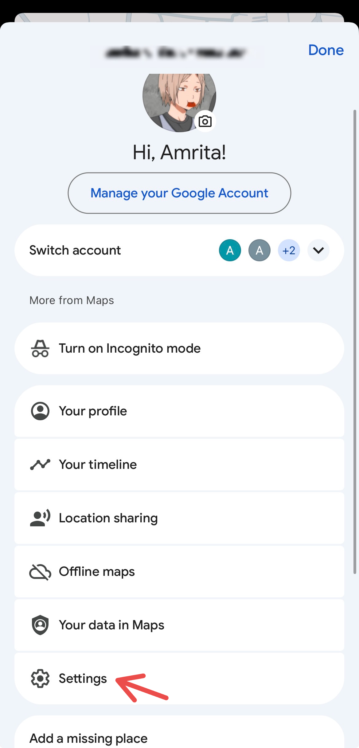 The Settings menu on Google Maps.