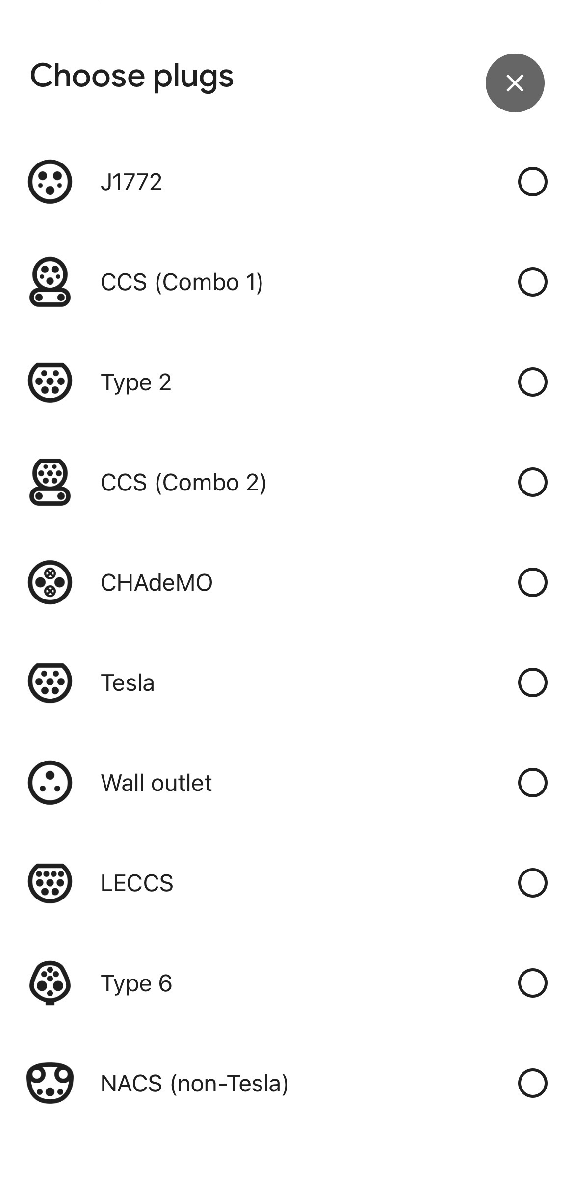 Plug options for EVs on Google Maps.