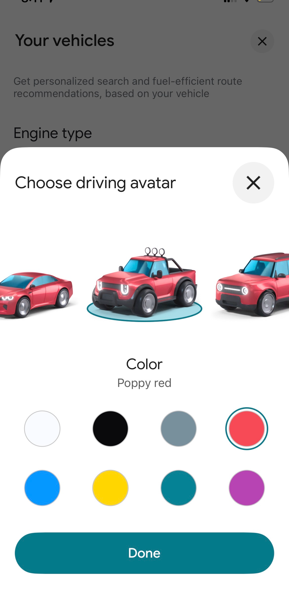 Vehicle customization options on Google Maps.