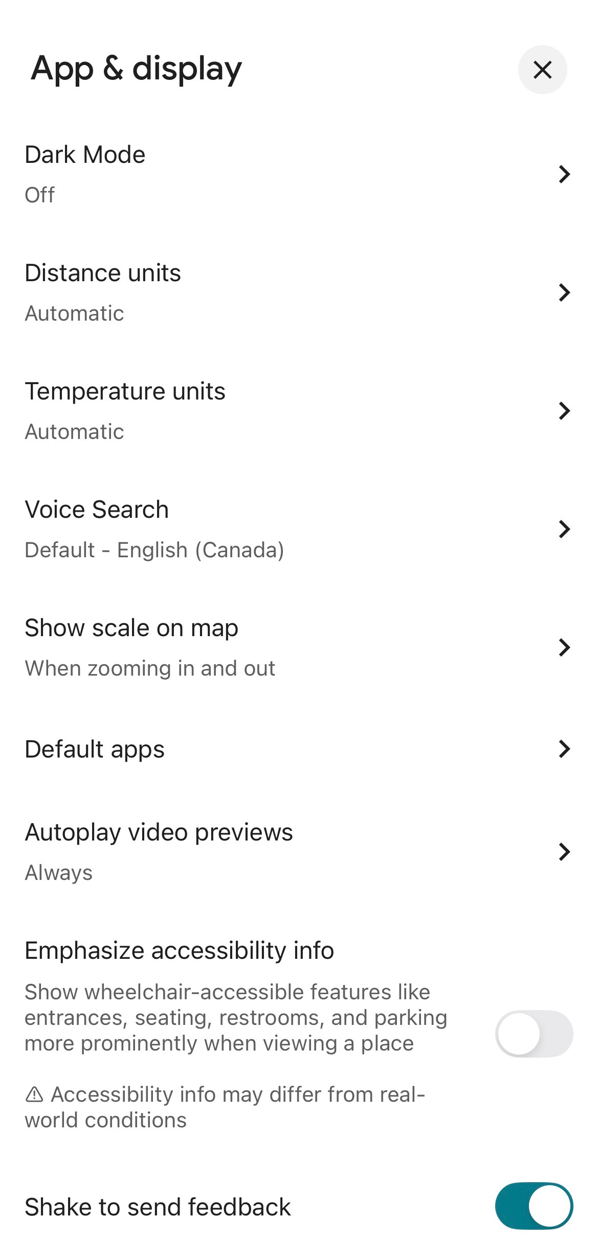 The App and Display menu options on Google Maps.