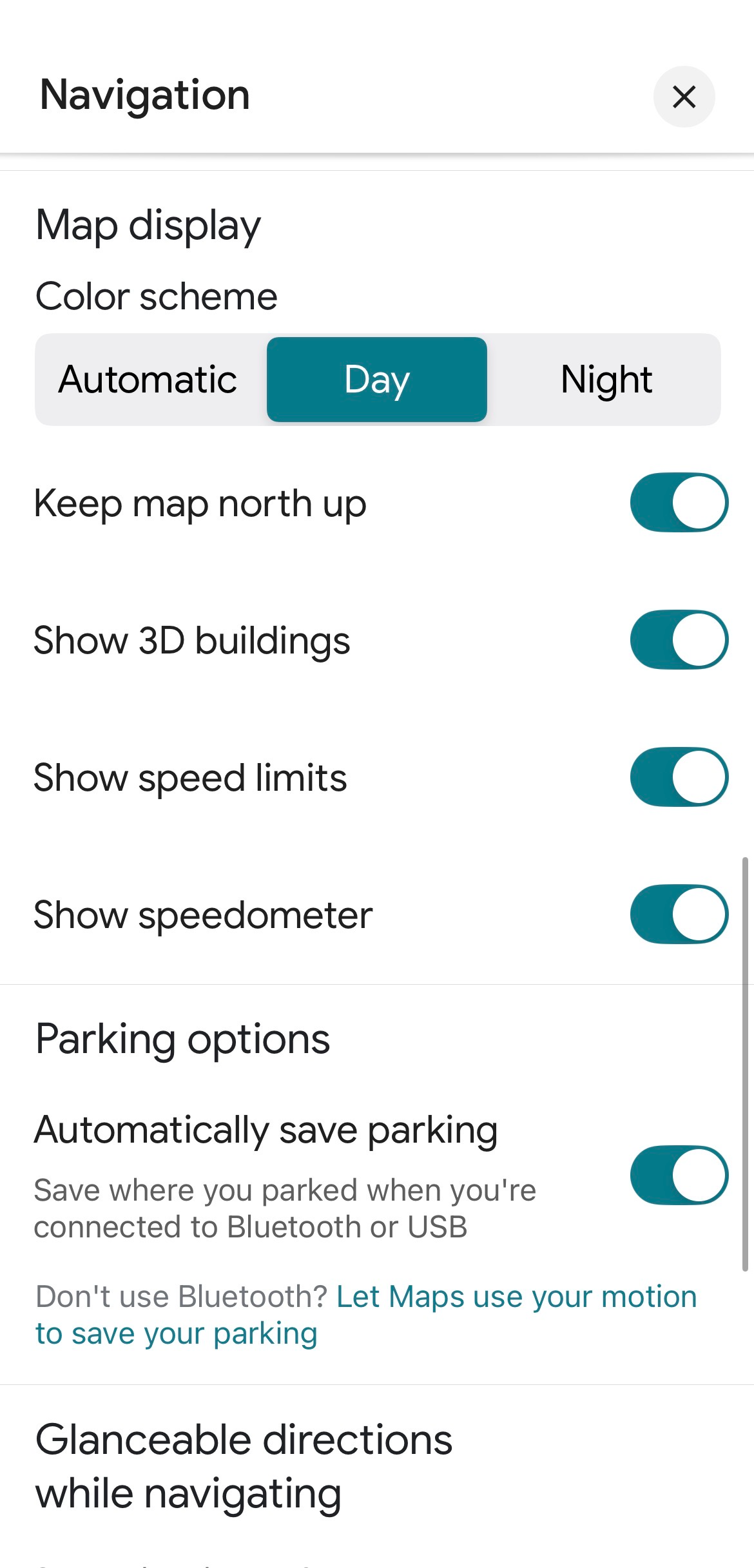 The Navigation map display menu on Google Maps.