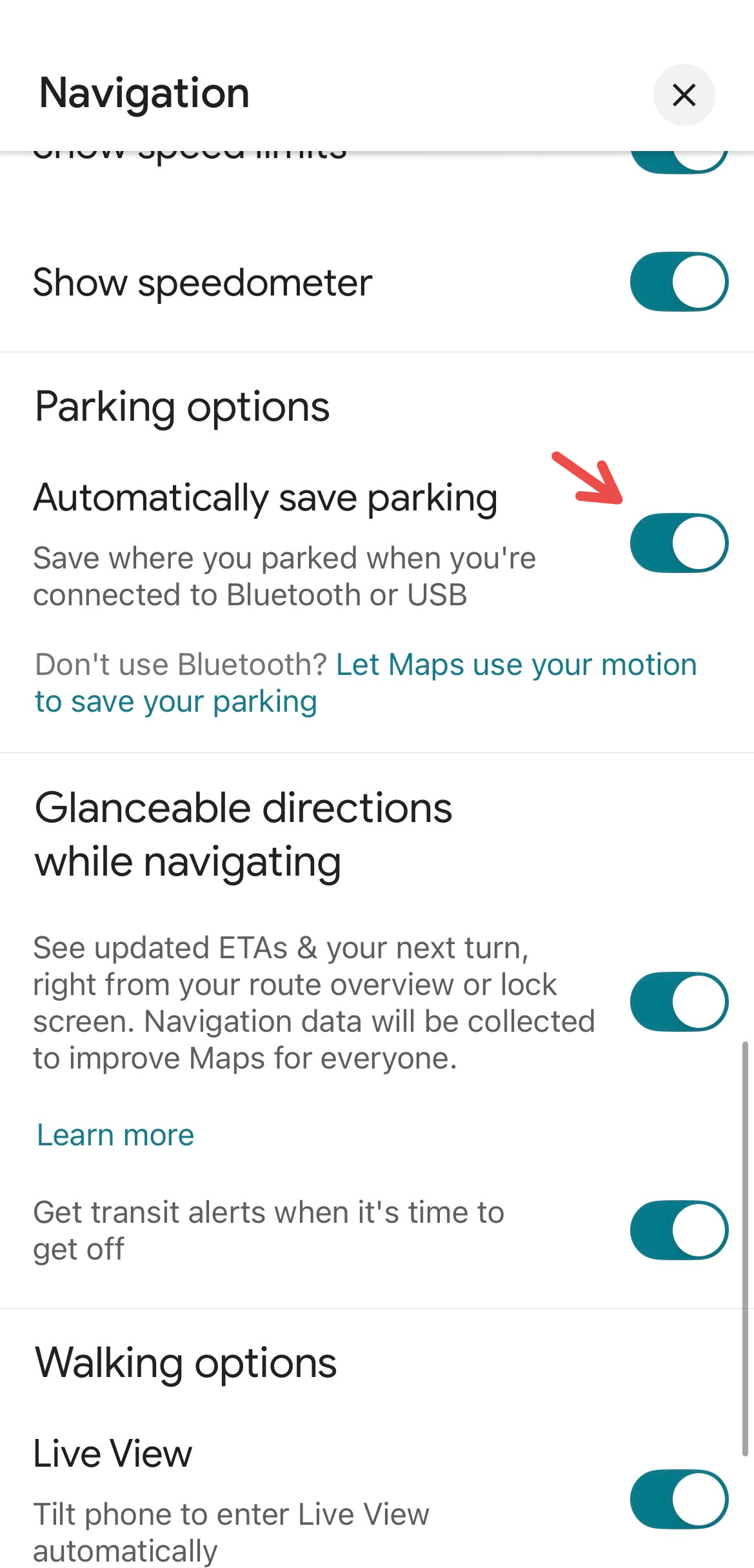 Parking options in Google Maps' navigation menu.