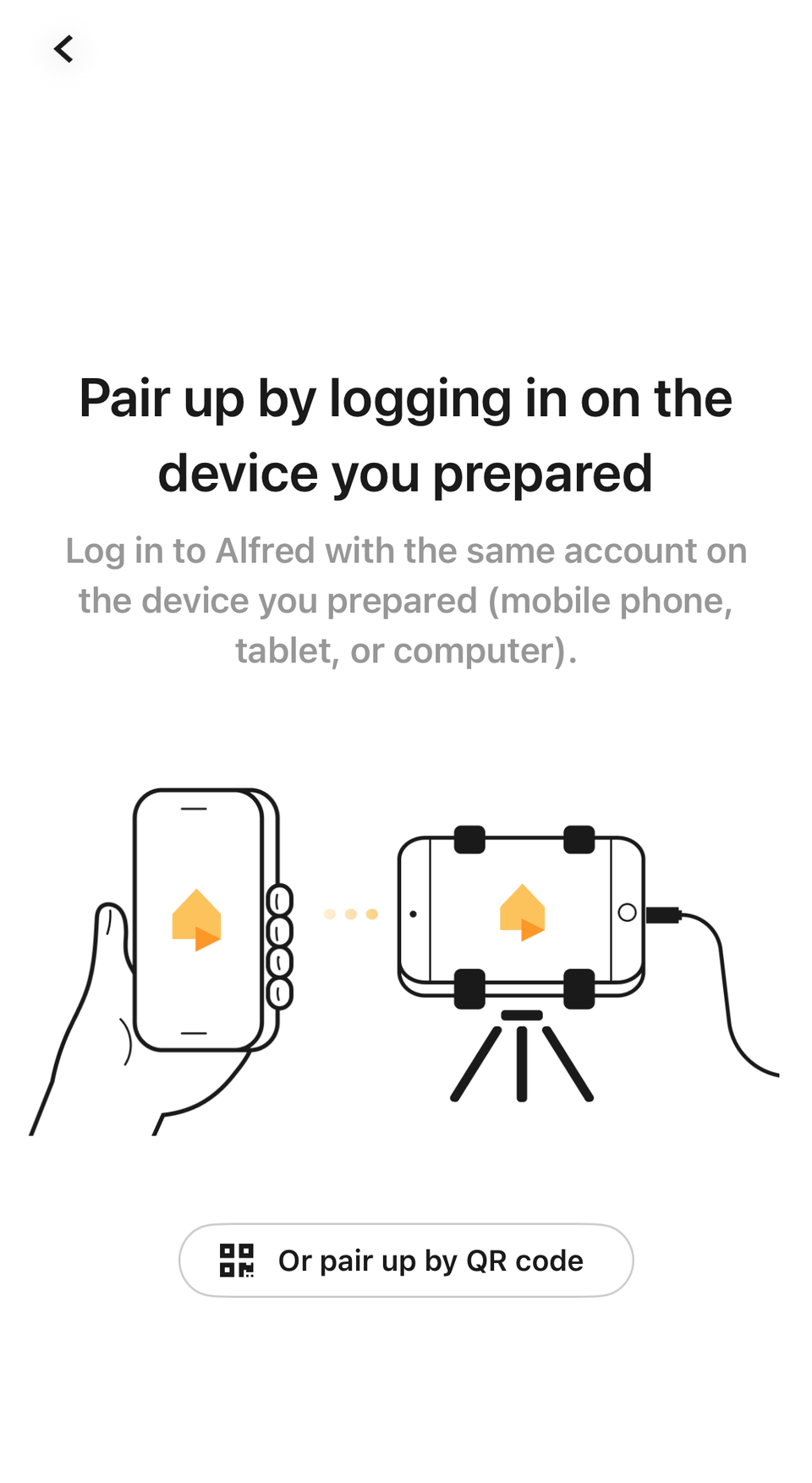 Setting up a new phone as a viewer for AlfredCamera using login and QR code.